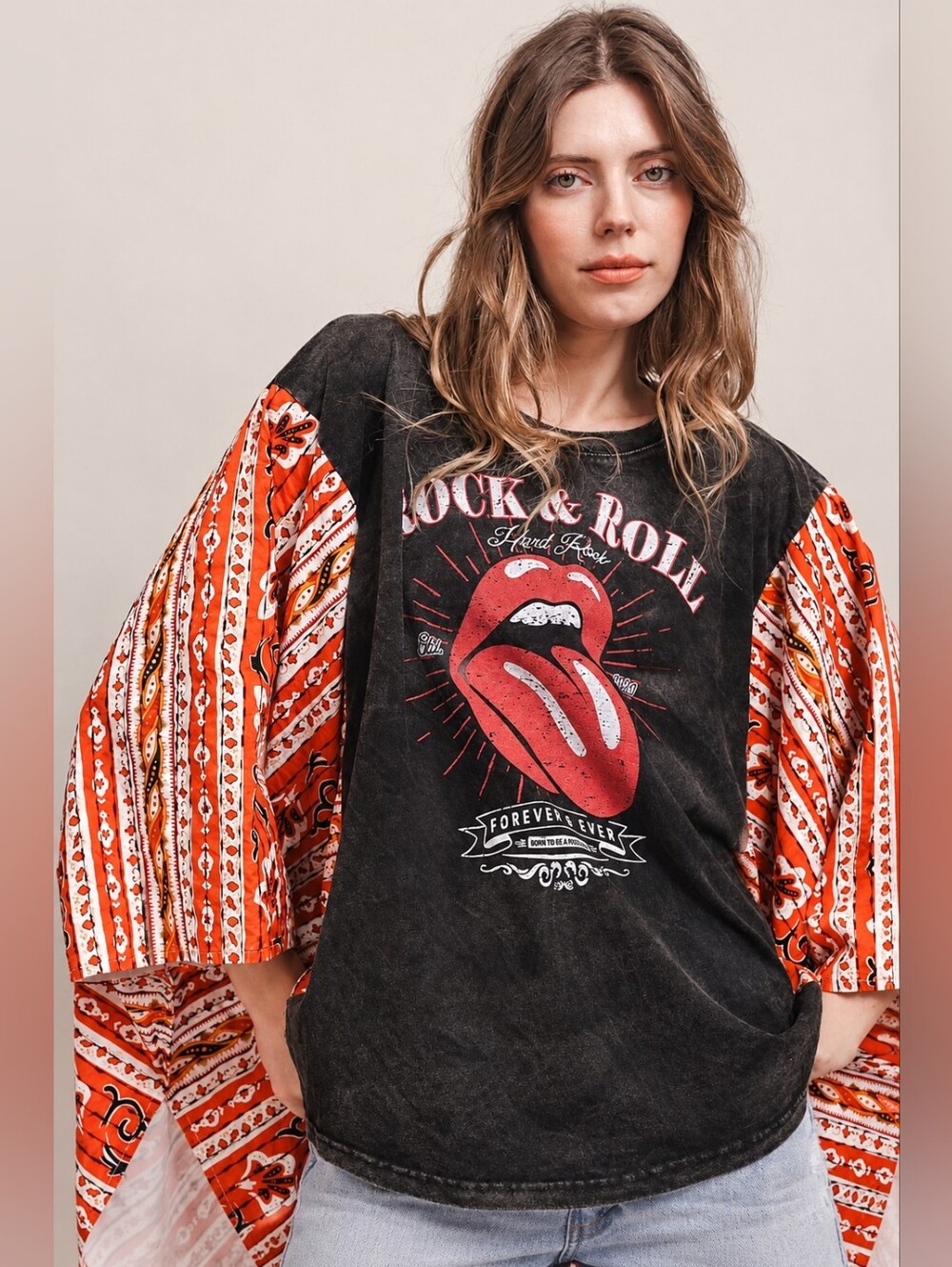 Blue Velvet Rock & Roll Graphic Bandcho Poncho Top S/M Boho Bandana Sleeve NWT